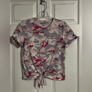 Champion Girls Short Sleeve Camo Tshirt Pink, Purple, And White With Logo Large